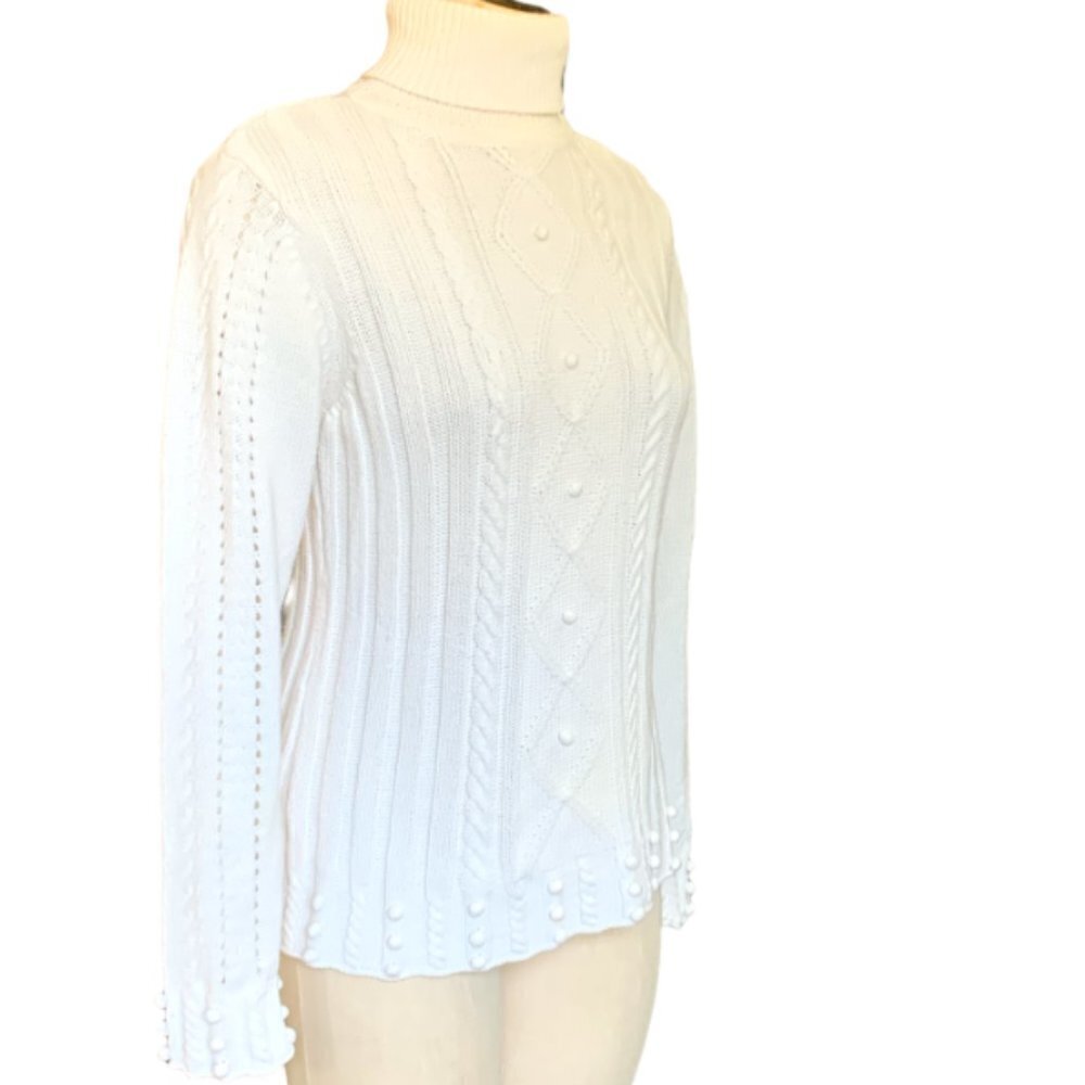 RXB Turtleneck Sweater Mixed Pattern Cable-Knit Pom Pom Sz L White‎ 62F